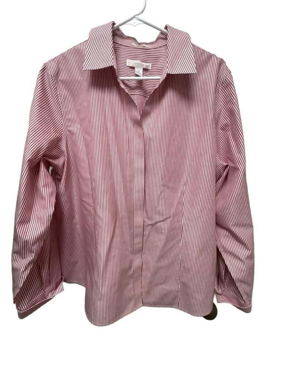 Chico's No-Iron Red White Silver Stripe Long Sleeve Button-Up Blouse Size 3